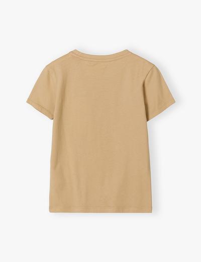Beżowy t-shirt dla chłopca bawełniany z samochodem