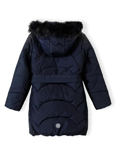 Pikowany granatowy płaszcz zimowy dla dziewczynki z wiązaniem 4A4303