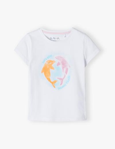 Biały t-shirt bawełniany dla dziewczynki z kolorowymi delfinami
