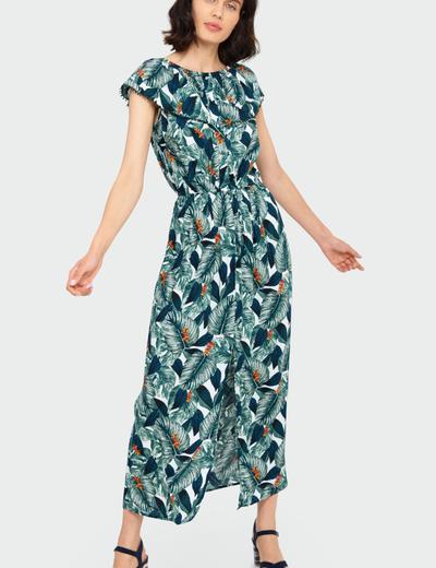 Wiskozowa długa sukienka z nadrukiem w liście typu hiszpanka
