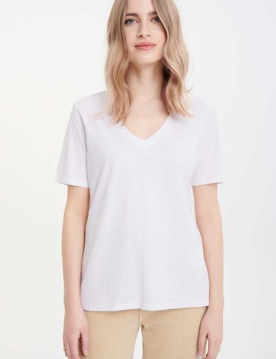 Biały t-shirt damski bawełniany z dekoltem w serek