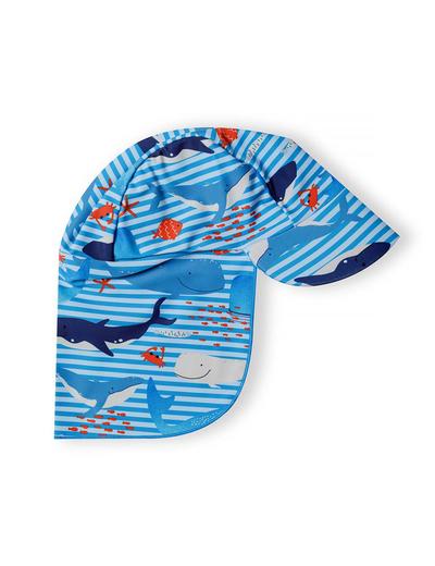 Niebieski kombinezon kąpielowy z filtrem UV i czapką - wieloryby