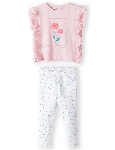 Komplet niemowlęcy - różowa bluzka + białe legginsy w kwiatki