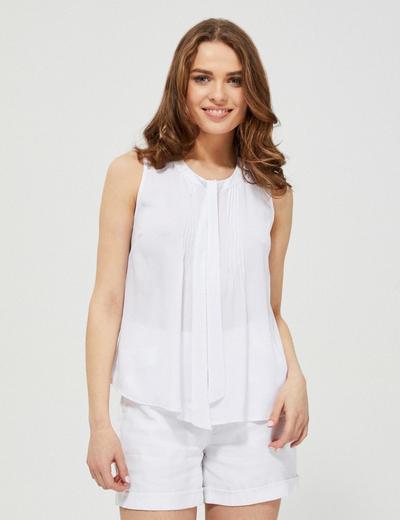 Koszula damska koszulowa bez rękawów z ozdobnym wiązaniem biała