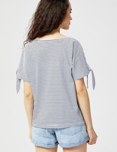 T-shirt damski bawełniany z wiązaniami na rękawach- paski