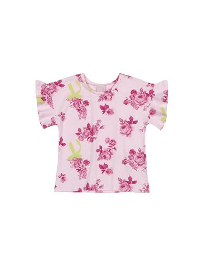 T-shirt dziewczęcy w kwiatki - różowy