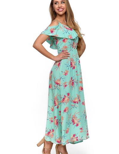 Długa sukienka damska typu hiszpanka - zielona w kwiaty