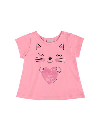Różowy bawełniany t-shirt niemowlęcy z kotkiem