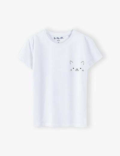 Bawełniany biały t-shirt dziewczęcy z kotem