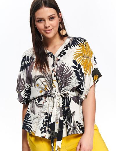 Wielokolorowa bluzka damska z egzotycznym nadrukiem  i z wiązaniem w pasie