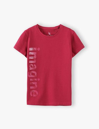 Bawełniany czerwony  t-shirt dziewczęcy z napisem Imagine