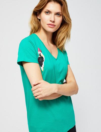 T-shirt damski zielony z papugą