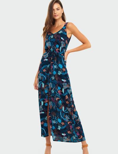 Granatowa długa wiskozowa sukienka z roślinnym nadrukiem