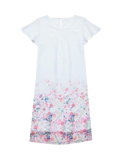 Biała sukienka o lekko trapezowym kroju z kwiatowym motywem