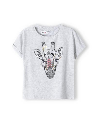 Szara koszulka dzianinowa dziewczęca z nadrukiem żyrafy