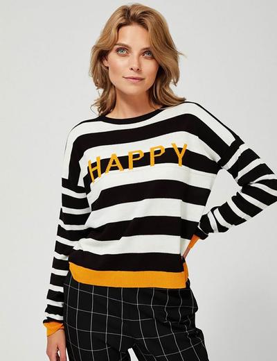 Sweter damski w paski  z napisem Happy - czarno - biały