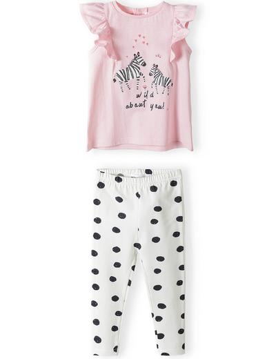 Komplet dla niemowlaka- różowy t-shirt + białe legginsy w grochy