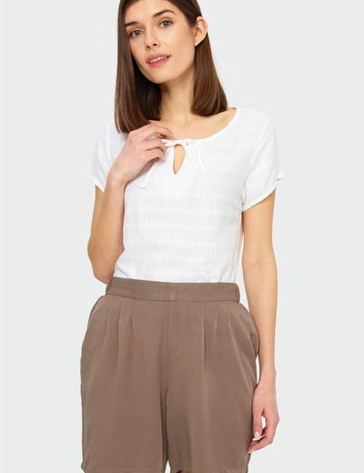 Bluzka damska z krótkim rękawem wiązana przy dekolcie- biała