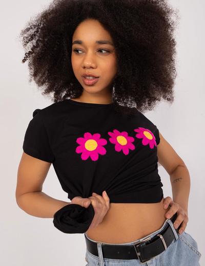 T-Shirt Z Aplikacją W Kwiaty czarny