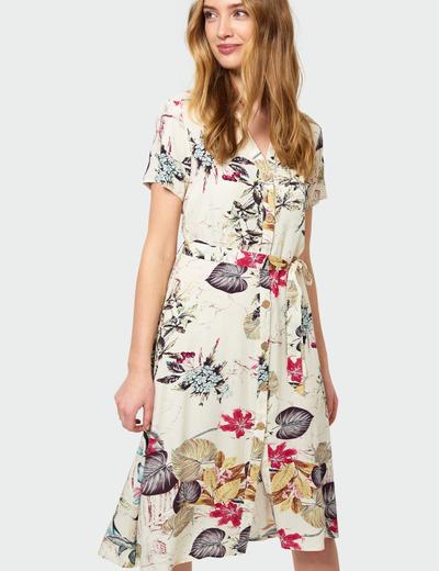 Wiskozowa sukienka z kwiatowym nadrukiem  podkreślona talia