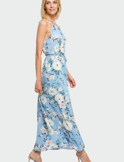 Długa sukienka wiązana na szyi- niebieska w kwiaty