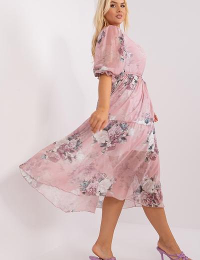 Rozkloszowana sukienka plus size w kwiaty jasny różowy
