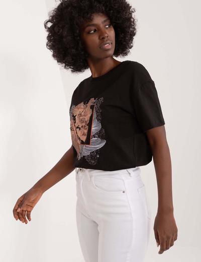 Czarny bawełniany damski t-shirt z dżetami i cekinami