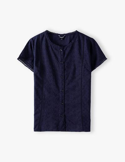 Granatowa koszulowa bluzka damska z ozdobnymi haftami