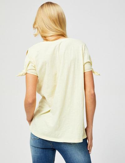 T-shirt damski z wiązaniem przy rękawach- zółty