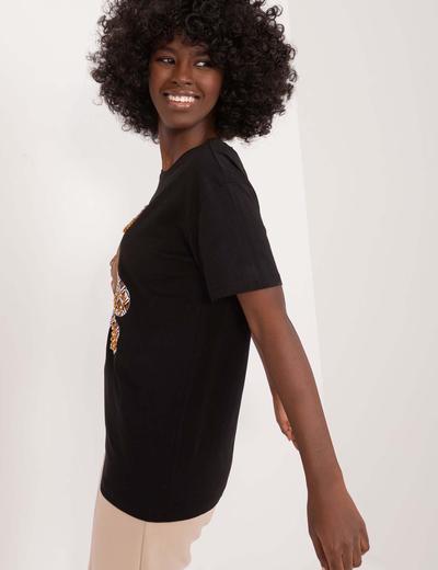 Czarny bawełniany t-shirt damski z misiem i kokardą