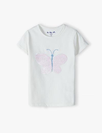 T-shirt dziewczęcy z różowym motylkiem z cekinów