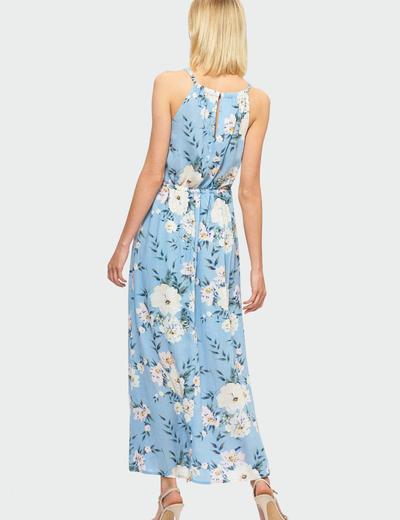 Długa sukienka wiązana na szyi- niebieska w kwiaty