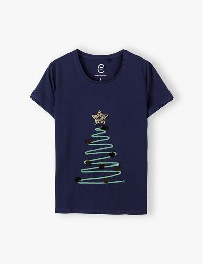 Granatowy świąteczny t-shirt damski z choinką