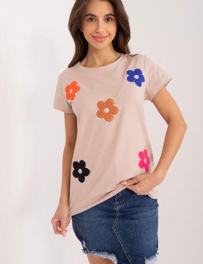 T-Shirt z aplikacją w kwiaty ciemno beżowy