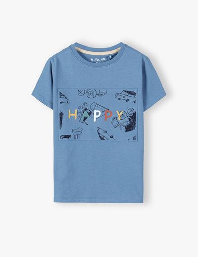 Bawełniany t-shirt chłopięcy z materiałową aplikacją HAPPY