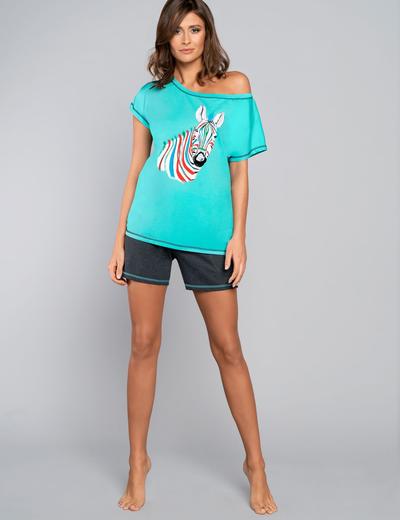 Bawełniana piżama damska z zebrą - szorty + turkusowy t-shirt