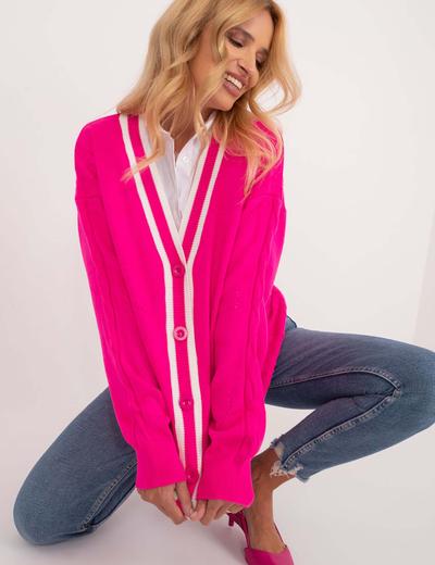 Fluo różowy długi sweter damski z zapięciem na guziki