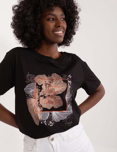 Czarny bawełniany damski t-shirt z dżetami i cekinami