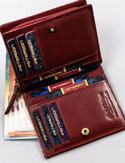 Peterson Skórzany portfel damski średnich rozmiarów bordowy