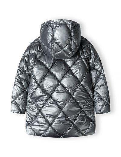 Metaliczny pikowany ocieplany płaszcz z kapturem dla dziewczynki- srebrny
