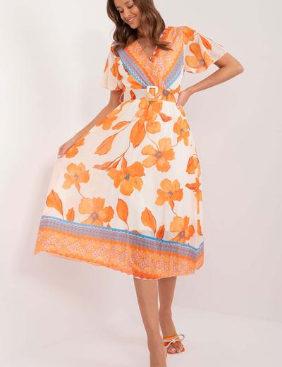 Wzorzysta sukienka z paskiem pomarańczowa