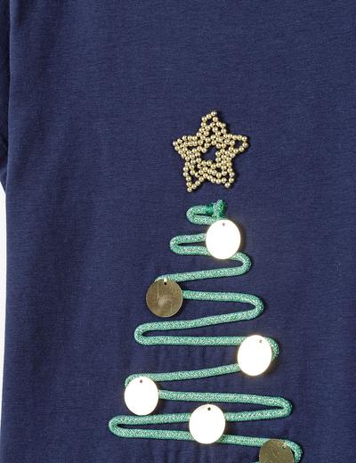Granatowy świąteczny t-shirt dziewczęcy  z choinką