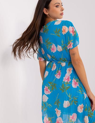 Niebieska plisowana sukienka damska w kwiaty