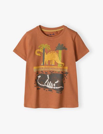 Brązowy t-shirt dla chłopca bawełniany z nadrukiem dinozaura