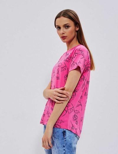 Bawełniany t-shirt damski w kwiaty różowy