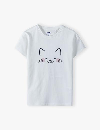 Biały dzianinowy t-shirt z kotem