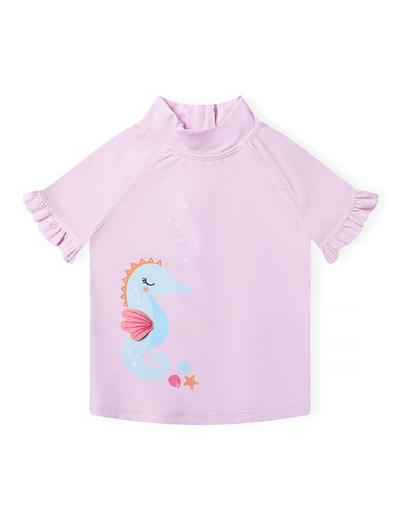 Różowy strój kąpielowy- koszulka i szorty z falbanką i filtrem UV