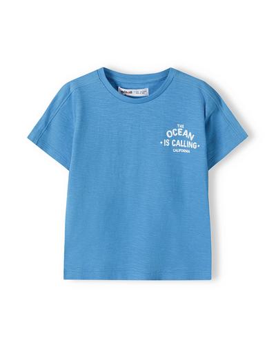 Niebieski t-shirt dla niemowlaka z bawełny z napisami