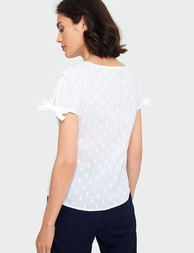 Bawełniany biały  T -shirt damski na krótki rękaw z ozdobnym wiązaniem
