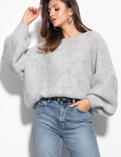 Krótki sweter oversize z bufiastymi rękawami - szary